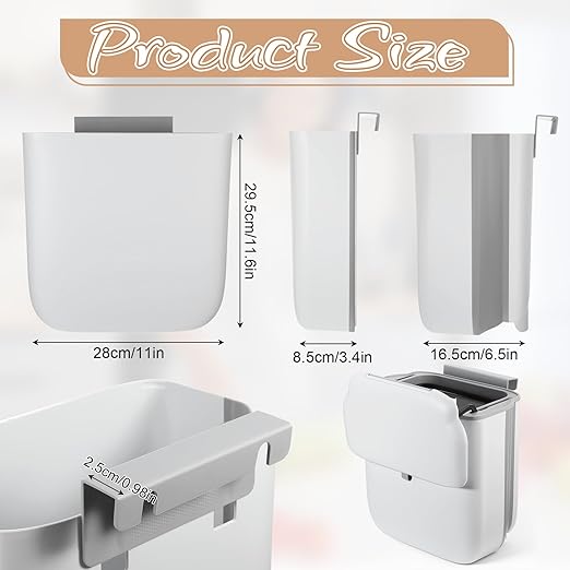 1 Pcs Foldable Hanging Trash Can, 2.6 Gallon Wall Mounted Kitchen Waste Bin with Lid Foldable Plastic Waste Bin Expandable Hanging Trash Can for Kitchen, Bathroom, Cabinet (White, Grey)