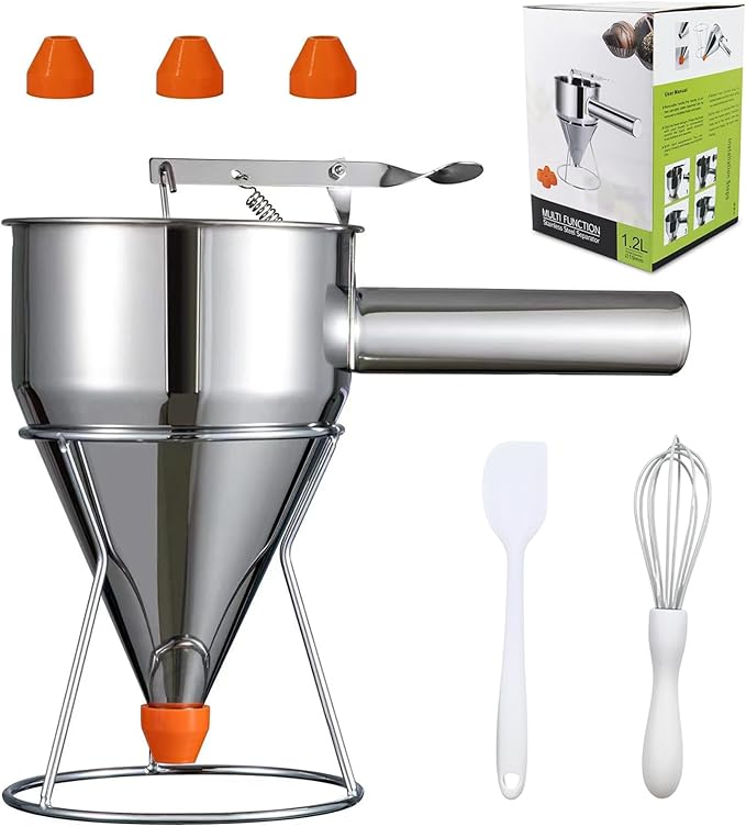 20 oz Pancake Batter Dispenser Stainless Steel Multi Caliber Nozzle with Squeeze Handle and Stand for Pancakes Cupcakes Funnel Cakes Waffles Baked Goods