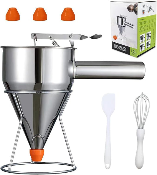 20 oz Pancake Batter Dispenser Stainless Steel Multi Caliber Nozzle with Squeeze Handle and Stand for Pancakes Cupcakes Funnel Cakes Waffles Baked Goods