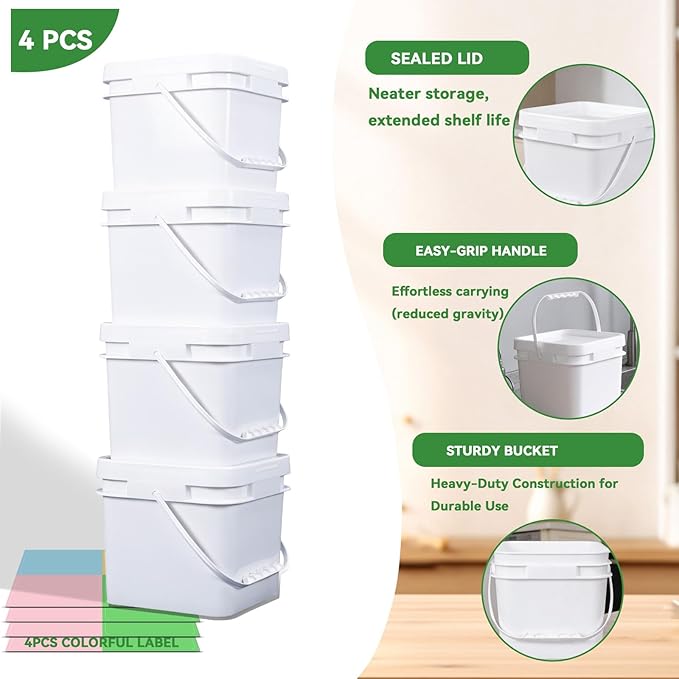 Bucket with Lid - 4 Packs Square White Plastic Storage Containers, Food Safe with Handle, Airtight Pressure Lids for Kitchen & Home (White, 1 gal)