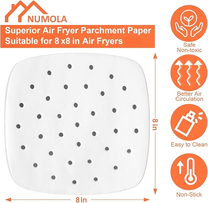 Numola 100 Pcs Air Fryer Liners Disposable Parchment Paper, 8 Inch Perforated Airfryer Sheets for Baking, Square Non-Stick Steamer Liner for Oven, Microwave, Steaming Basket