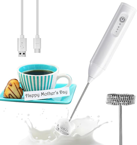 Rechargeable Milk Frother Handheld, USB-C Coffee Foam Maker with Stainless Steel Whisk ＆ 3 Speeds, Coffee Frother Electric Hand Drink Mixer Stirrer for Matcha, Hot Chocolate,Frappe, Mom's Gift (White)
