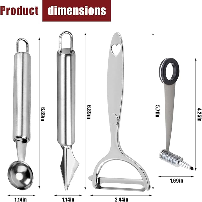 4-Piece Kitchen Spiral And V-Shaped Tools, Vegetable Peeler, Crinkle Cutter Knife, Multifunctional Kitchen Set, Manual Kitchen Tools for Creative Food Decoration（Silvery）