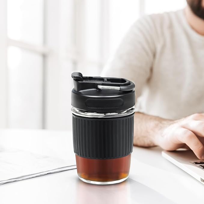 Sivaphe Reusable Glass Ice Hot Coffee Cup 16 oz, Portable Travel Mug with Spill-Proof Lid and Thermal Sleeve for Home Office Blue