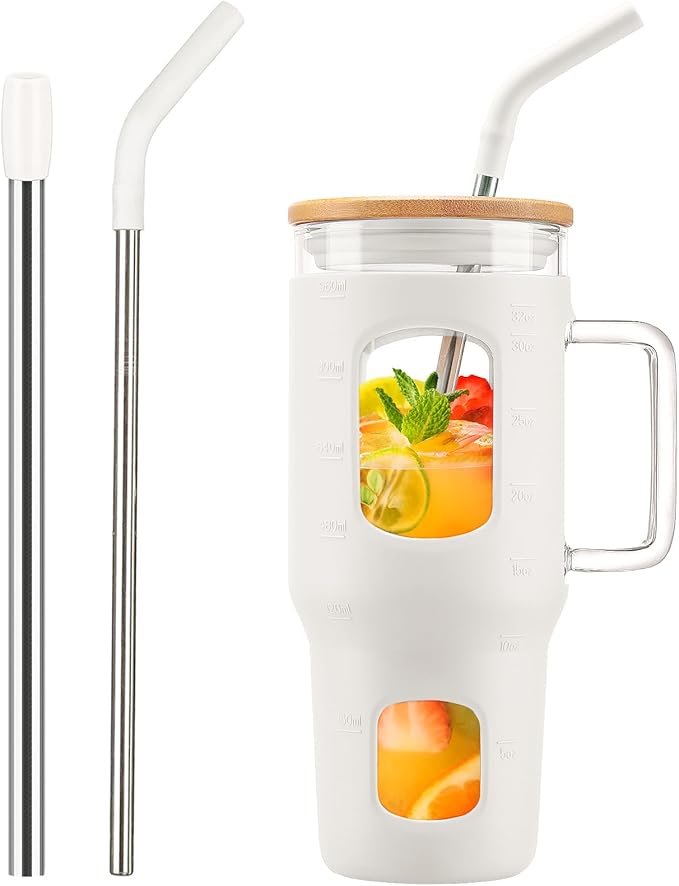 WINSA Glass Tumbler with Straw and Lid, 32 oz Glass Cup with Handle, Glass Water Bottles with Time Marker, Silicone Protective Sleeve - White