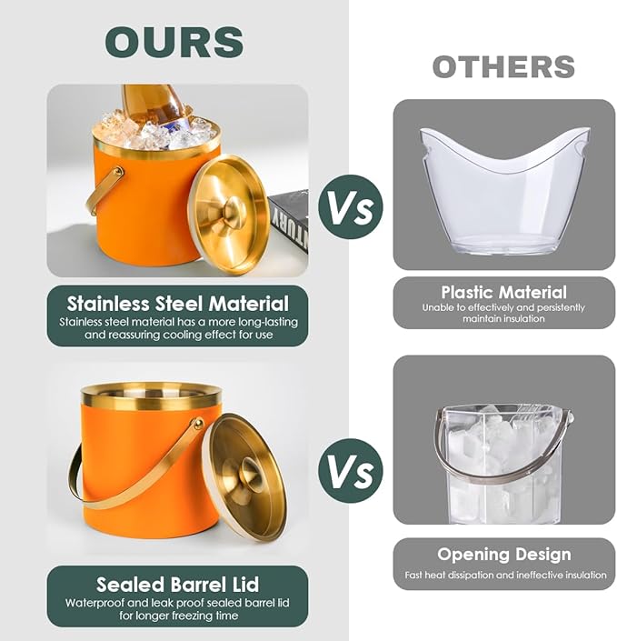 3L Double Wall Insulated Stainless Steel Ice Bucket with Strainer for Cocktail Bar,Metal Ice Bucket for freezer with Lid for parties.ice Container to Keep Ice Colder,bar cart accessories(Orange)