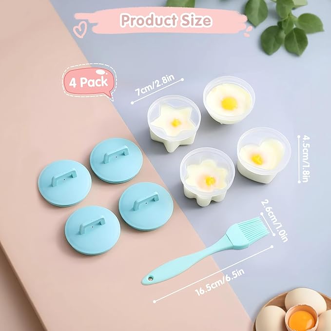 Egg Poacher Cups, 4 Pcs Poached Egg Cooker with Lid and Oil Brush Egg Coddler 4 Shapes Reusable Egg Molds, BPA Free Nonstick Egg Poaching Cups for Boiled Eggs Without Shell, Blue