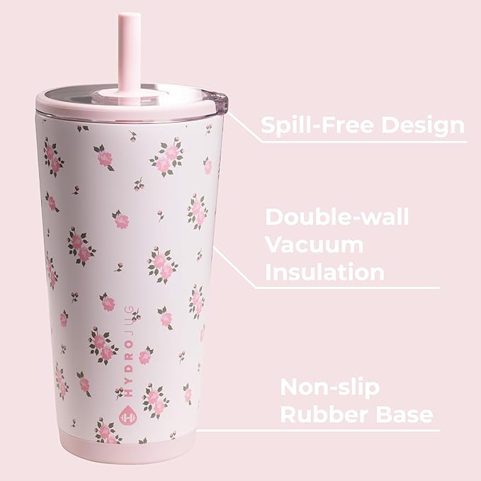 HydroJug Everyday Tumbler 20 oz – Ceramic-Lined Insulated Tumbler with Straw and Soft-Touch Lid, Cup Holder Friendly, Double-Wall Vacuum Insulation, Reusable Travel Cup – Wildrose