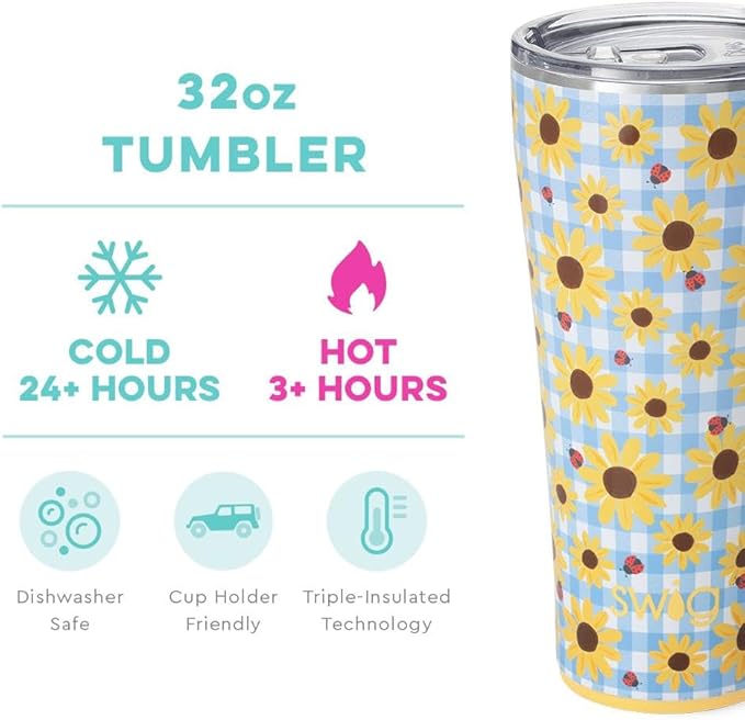 Swig Life 32oz Insulated Tumbler, Travel Coffee Tumbler with Lid, Cup Holder Friendly Travel Coffee Mug, Stainless Steel with Lid (Picnic Basket)