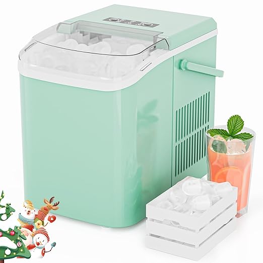 Ice Makers Countertop, Portable Ice Machine with Handle, 6 Mins 9 Bullet Ice Cubes with Basket and Scoop, 26lbs in 24Hrs, Auto-Cleaning, for Home, Kitchen, RV, Camping, Green