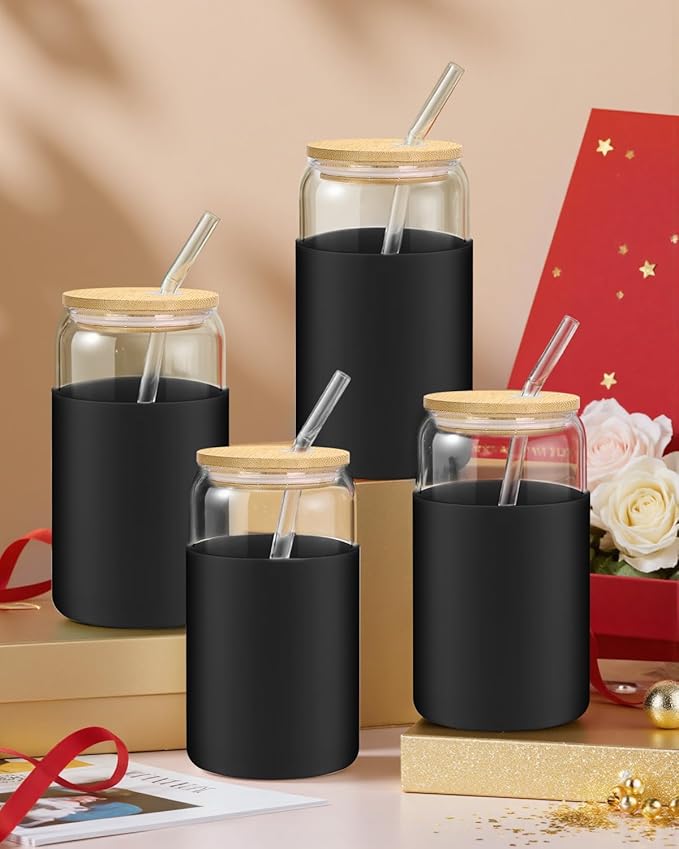 sungwoo Glass Cups with Lids and Straws, 4 Pack 16OZ Iced Coffee Cups with Silicone Sleeve, Glass Tumbler with Straw and Bamboo Lid, Home Essential Drinking Set for Juice, Cocktail and Latte Black