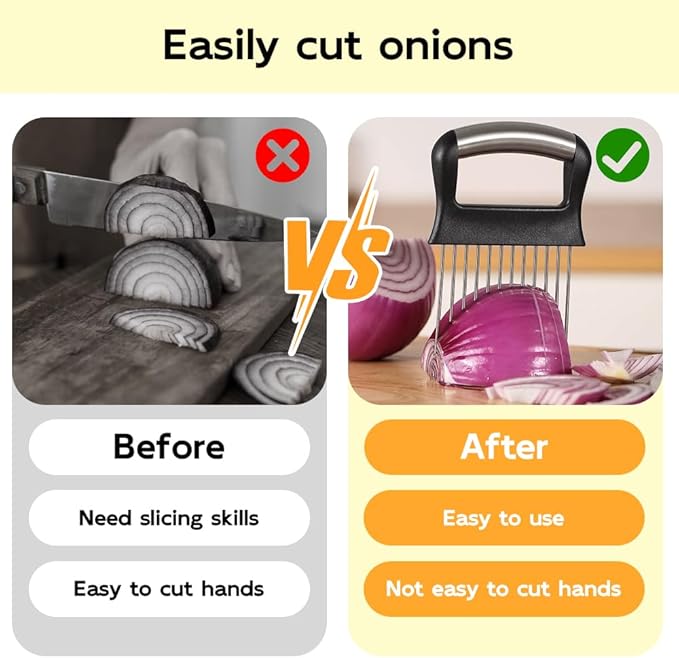 Onion Holder for Slicing, 2025 New Stainless Steel Onion Slice Holder Lemon Slicer Vegetable Cutter, Kitchen Chopper Slicing Assistant Tool for Meat, Onion, Potato, Tomato (A-3PCS)
