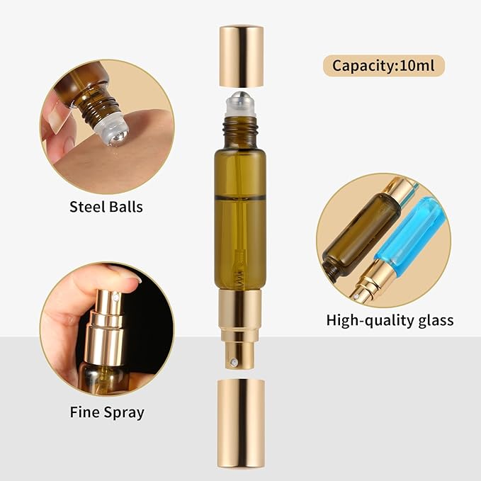 2-in-1 Refillable Perfume Bottle 10ml (2 Pack), Dual-Head Spray & Roller Design, Leakproof Travel Atomizer for Perfume, Cologne and Essential Oils