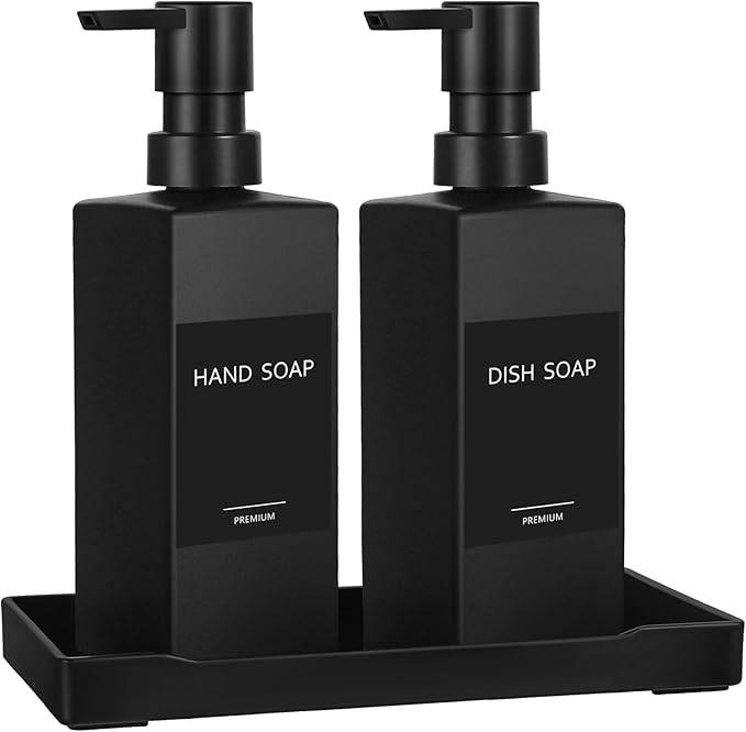 GMISUN Kitchen Soap Dispenser Set, Hand and Dish Soap Dispensers, 12 fl oz/350 ml Black Soap Dispenser with Tray, Glass Dish Dispenser for Kitchen, Liquid Hand Soap and Lotion Bottle Set for Bathroom