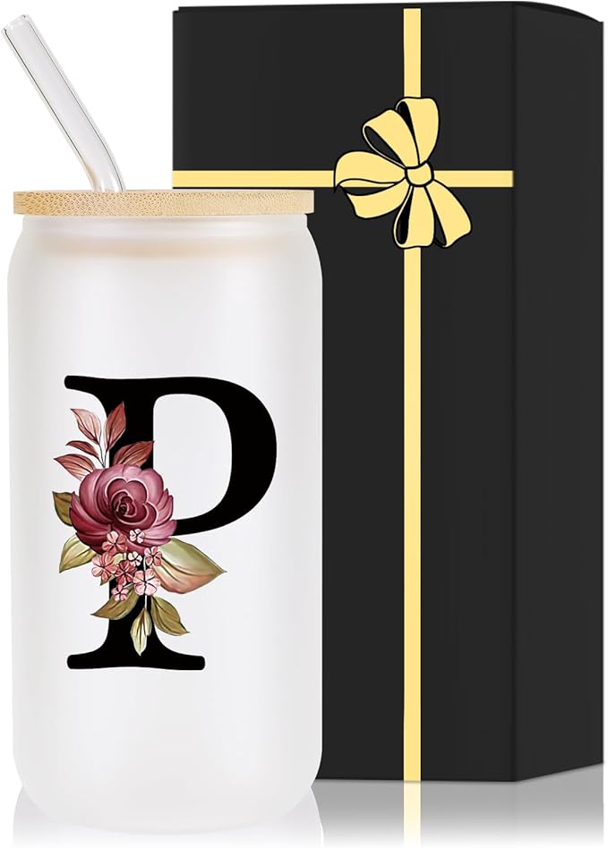 Monogrammed Glass Drinking Cup With Lid Straw Women Teacher Coworker Assistant Principal Christmas Paraprofessional Administrative Professional It Hr Admin Day Gift French Nursing Spanish Swim Latin,P