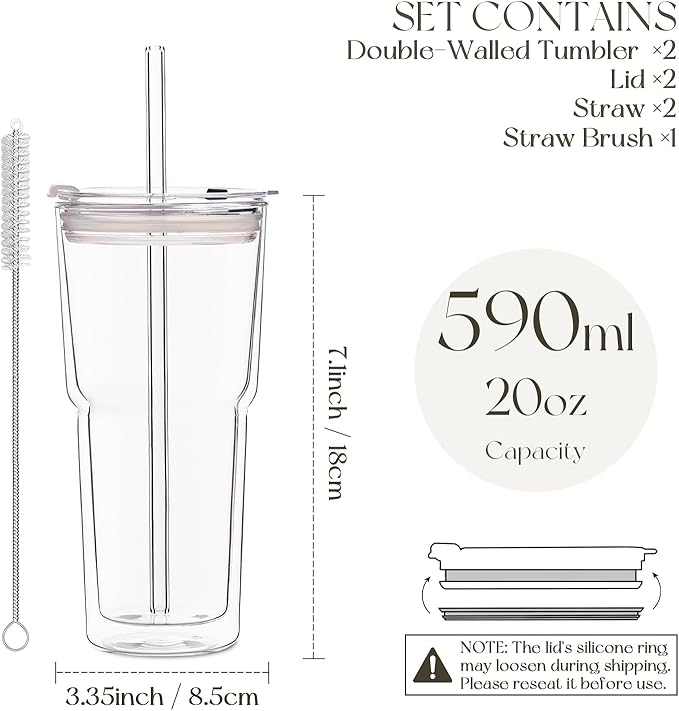 KEMORELA 2PCS 20oz Clear Double Wall Glass Cups with Lids and Straws, Insulated Borosilicate Glass Tumblers, Heat-Resistant, leak-proof Design for Iced Coffee, Bubble Tea, Juice