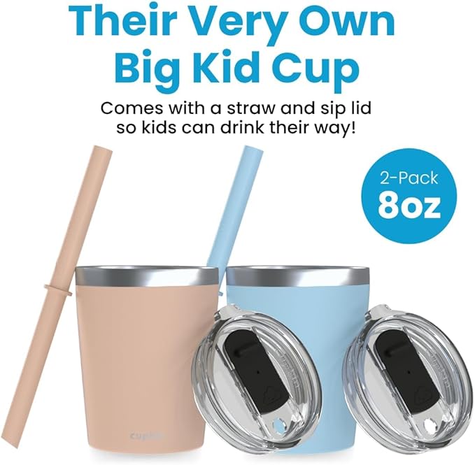 CUPKIN Toddler Straw Cups, The Original 8 oz Stackable Stainless Steel Cups for Kids, Set of 2 Powder Coated Insulated Straw Cup & BPA Free Lids + Reusable Silicone Straws (8oz Peach + Teal)