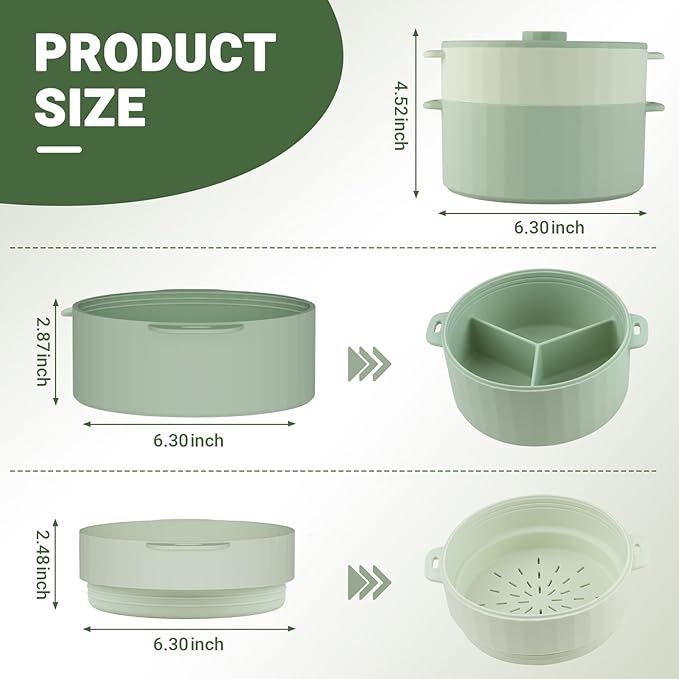 Silicone Microwave Steamer - Microwave Pot Steamer Basket Bowl for Baby Food, Vegetables & Dumplings, Compact & Lightweight Design, Oven & Dishwasher Safe (Green, Double-Layer)