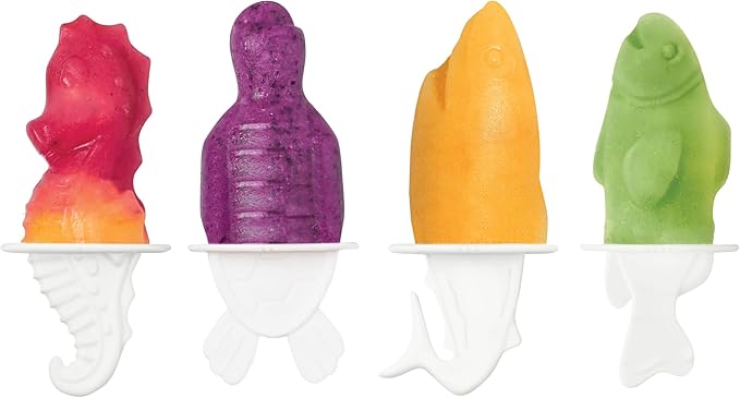 Tovolo Popsicle Molds Fish Shark Sea Horse Turtle Ice Molds Set of 4, Homemade Frozen Aquatic Ocean Fish Friends Pop Maker with Sticks for Kids, BPA Free Dishwasher Safe Silicone Shark Popsicle Mold