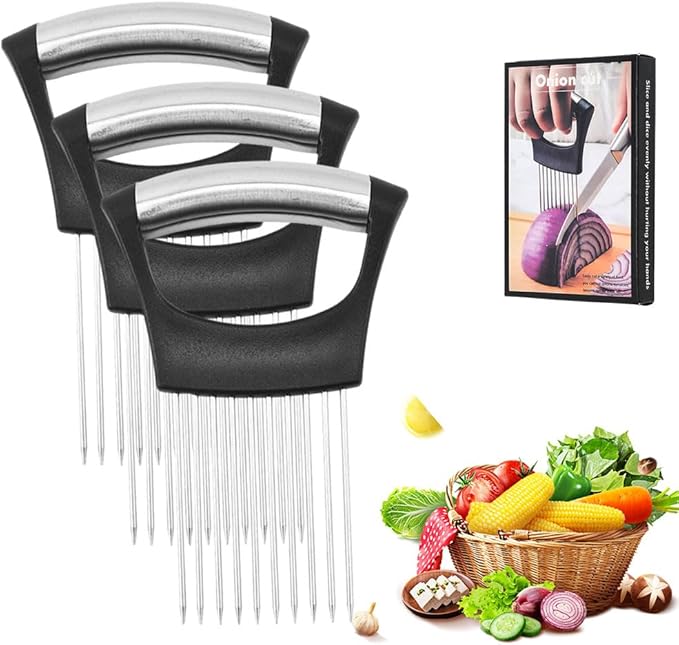 Onion Holder for Slicing, Upgrade Stainless Steel Onion Slicer Holder Cutter, Lemon Slicer Vegetable Cutter, Chopper Slicing Assistant Tool for Meat, Potato, Tomato Kitchen Tools (3)