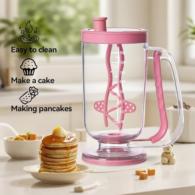 Pancake Batter Dispenser with Built-in Mixer Handle - No-Drip Handheld Funnel for Pancakes, Baking, Waffles, Cupcakes & Muffins - Easy Squeeze Baking Tool for Perfect Portions (Pink with Mixer)