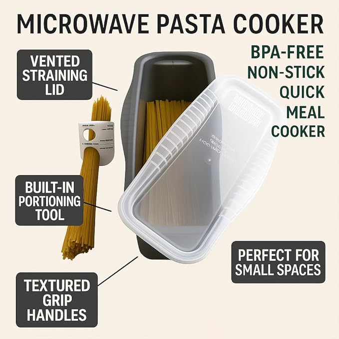 Microwave Pasta Cooker with Built-in Portion Tool – BPA-Free, Non-Stick Quick Meal Maker for Pasta, Ramen & Veggies – Ideal for Dorms, Small Kitchens, and RVs by Dependable Industries
