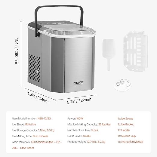 VEVOR Countertop Ice Maker, 9 Cubes Ready in 6 Mins, 26lbs in 24Hrs, Self-Cleaning Portable Ice Maker with Ice Scoop and Basket, Ice Machine with 2 Sizes Bullet Ice for Home Kitchen Office Bar Party