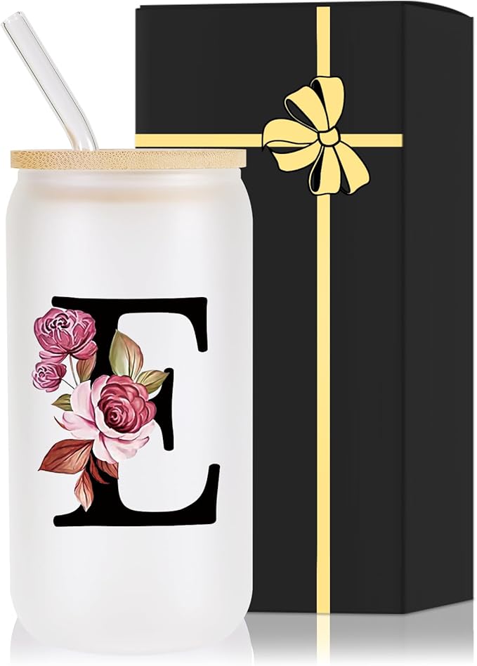 Monogrammed Glass Drinking Cup With Lid Straw Best Female Friend Happy Birthday Ideal Close Women Bf Stuff Bestie Soul Sister Ever Long Distance Personalized Unique Cute Christmas Xmas Gift Present,E