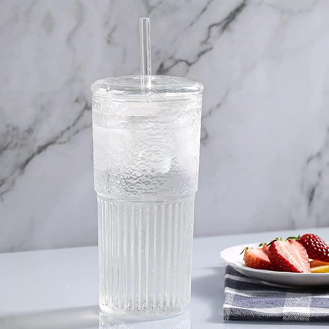 QWEZXO Glass Cups With Lids and Glass Straws，20 OZ 4pcs High Borosilicate Glass Tumbler Iced Coffee Water Smoothie