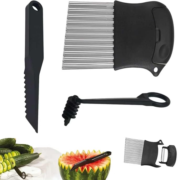 4 Piece Kitchen Spiral And V-Shaped Tools, vegetable peeler,crinkle cutter knife, Multifunctional Kitchen Set, Stainless Steel Manual Kitchen Tools for Creative Food Decoration(black