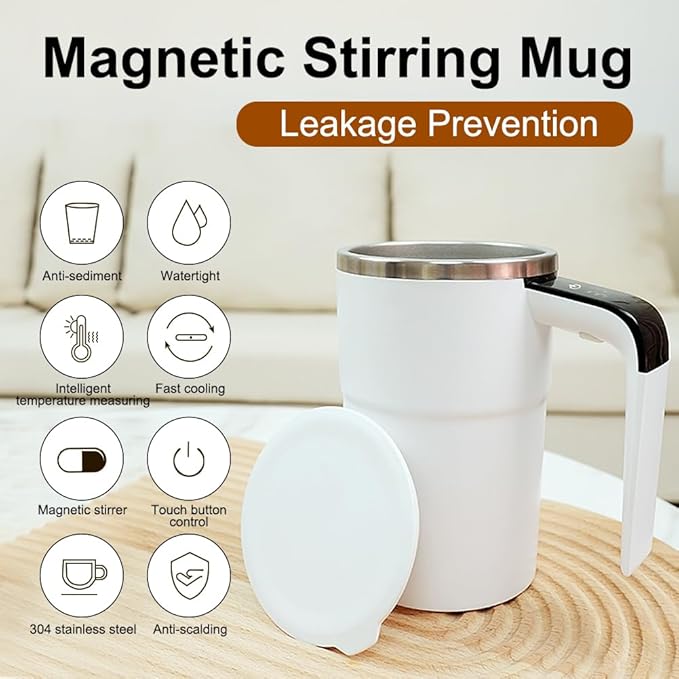 Self-stirring Coffee Mug Magnetic Stirring Cup Drink Stirrer Rechargeable Automatic Mixing Cup w/LCD Thermometer for Coffee Tea Hot Chocolate (White, 13 oz)