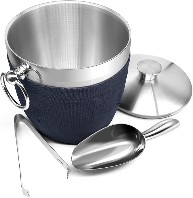 Fortune Candy Insulated Ice Bucket - Double Walled Stainless Steel Ice Bucket with Ice Tongs, Scoop, Lid, and Exclusive Handmade Nylon Holder - 2.8 L (Navy Blue)