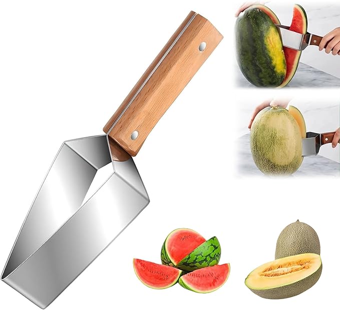 Premium Watermelon Cutter, Stainless Steel Watermelon Cutter Slicer Tool with Wooden Handle, Comfortable Non-slip Handle Multi-Functional Fruit Tool for Watermelon, Cantaloupe & Honeydew (1pcs)