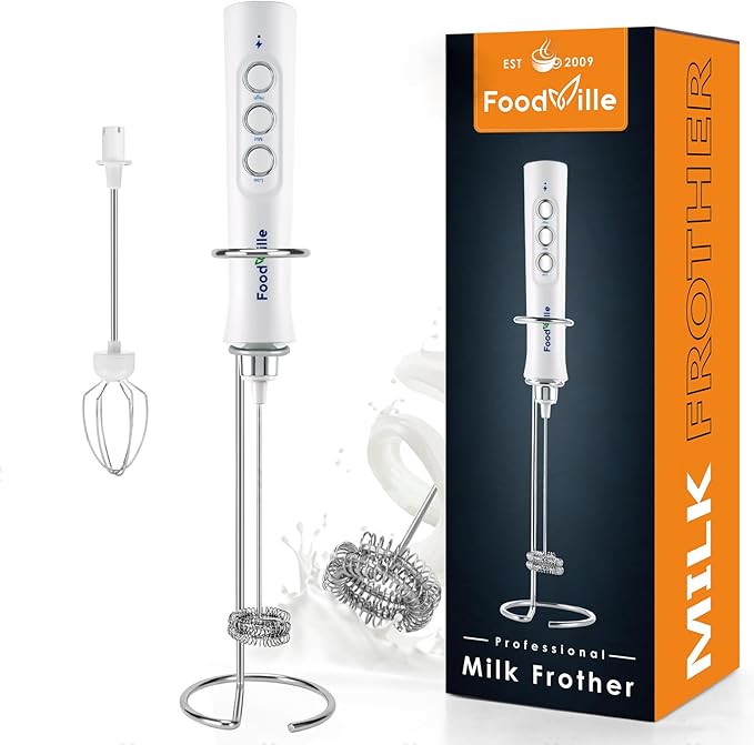 FoodVille MF02 Rechargeable Milk Frother Handheld Foam Maker with Stainless Whisk for Cappuccino, Latte, Bulletproof Coffee, Keto Diet, Protein Powder, Matcha (Pure White)