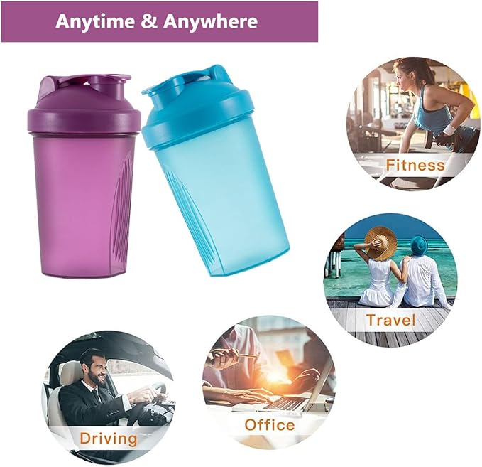 Shaker Bottle Protein Shakes and 16-Ounce/400ML Shaker-Bottle with Whisk Balls,Non-BPA plastic(Blue+Purple(2PCS))