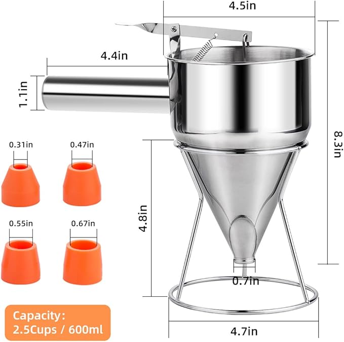 20oz Pancake Batter Dispenser, Stainless Steel 4 Caliber Funnel Cake Dispenser with Stand Great for Pancakes, Cupcakes and Baked Goods