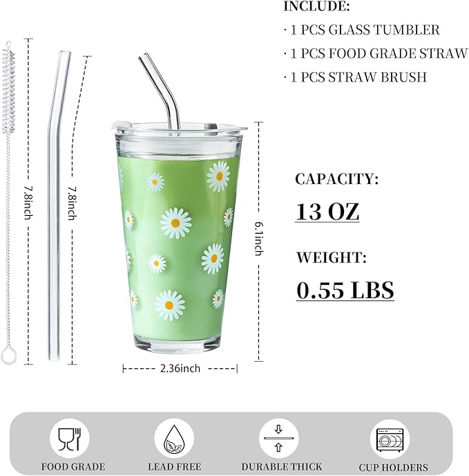 Olvini 15oz Glass Tumbler with Glass Straw and Lid, Cute Iced Coffee Cups, Aesthetic Glass Cups, Coffee Tumbler, Water Cup, Matcha Cup, Drinking Glasses (Daisy)