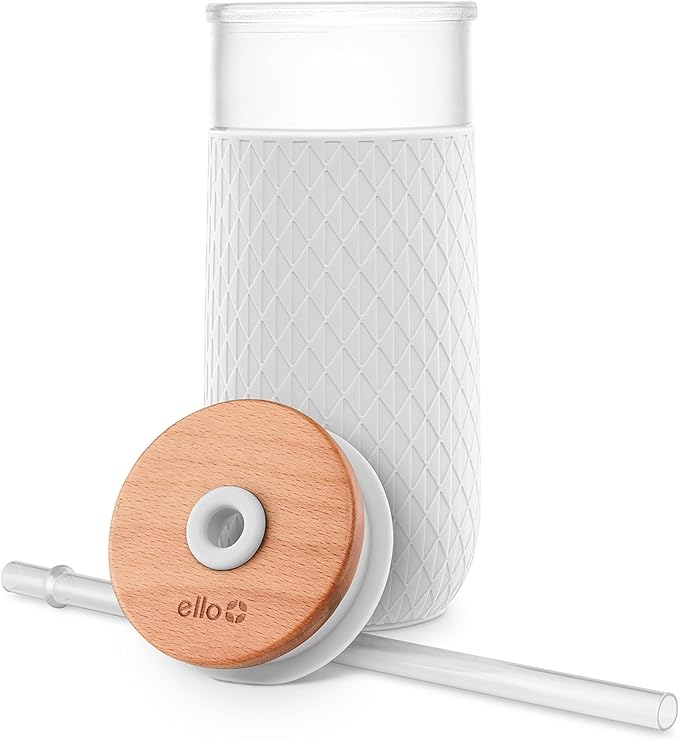 Ello Devon 18oz Glass Tumbler with Straw, Friction Fit Bamboo Wood Lid and Silicone Sleeve | Perfect for Iced Coffee, Tea, and Smoothies