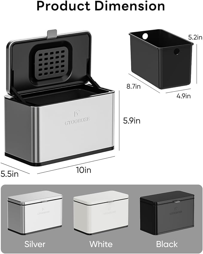 Kitchen Mini Compost Bin, 4L/1G Small Trash Can with Lid, Slim Stainless Steel Hanging Garbage Bin for Kitchen, Bathroom, Bedroom, Office, Wall Mounted Compost Bin with Inner Bucket, Silver