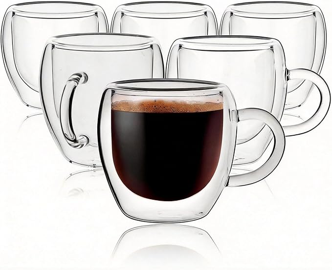 2.5oz Espresso Cups Set of 6, Small Expresso Coffee Cup, Expresso Shot Glass with Handle, Double Wall Insulated Espresso Mugs,Tazas de Cafe Expreso, Fit for Espresso Machine Accessories, Clear