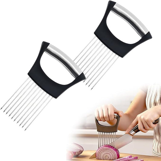 Onion Slicer Holder, Onion Holder for Slicing, Stainless Steel Vegetable Chopper and Onion Slicer Tool, Kitchen Assistant for Onions, Potatoes, Tomatoes and Fresh Produce (2pcs)