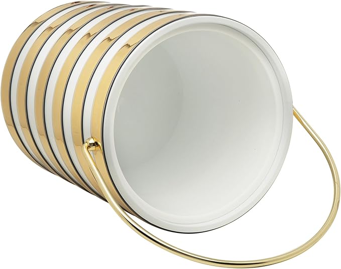 Made In USA Metallic Deco Collection Double Walled Insulated Ice Bucket With Ice Tongs (5-Quart, White & Gold Stripes)