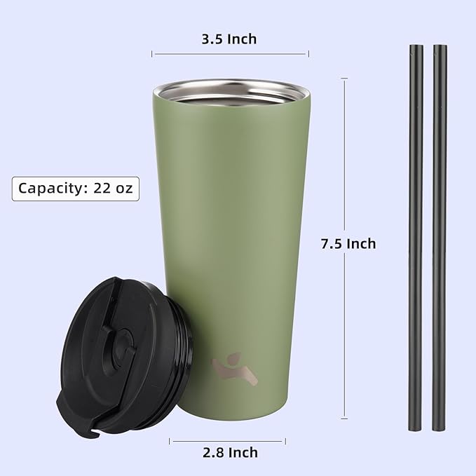 Konokyo 22 OZ Insulated Tumbler with Lid and 2 Straws Stainless Steel Water Bottle Vacuum Travel Mug Coffee Cup,ArmyGreen