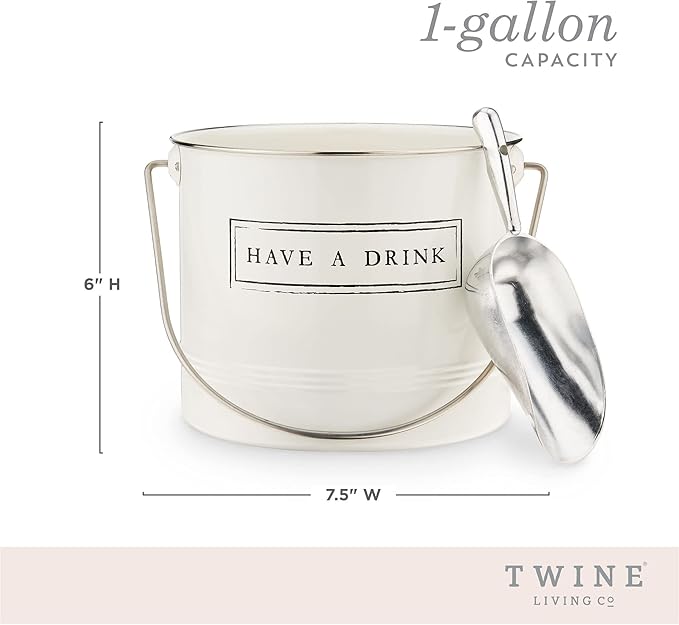 Twine Have A Drink White Enameled Metal Ice Bucket & Scoop for Parties - Wine Bottle And Beer Bottle Bucket in 1 Gallon
