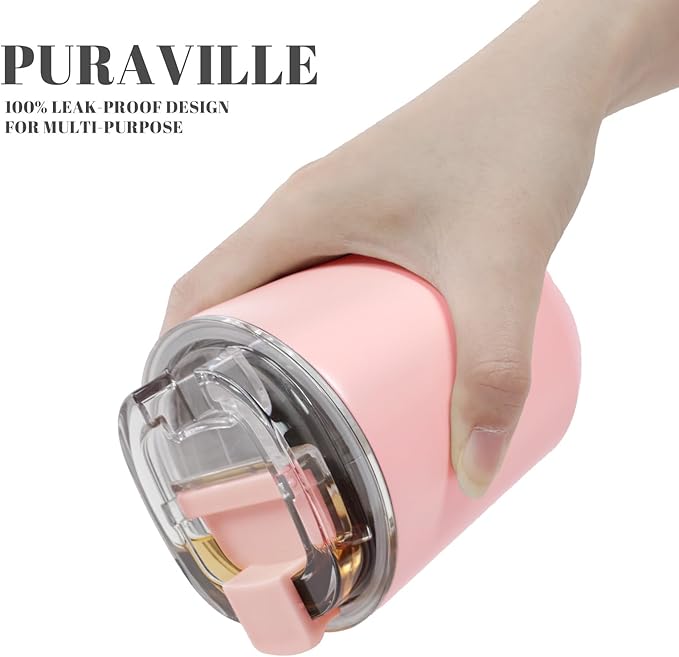 Puraville Insulated Tumblers with Lid, 10 oz Travel Coffee Mug Stainless Steel Vacuum Cup, Leak Proof Reusable Double Walled Coffee Tumbler for Iced and Hot Drinks, Pink