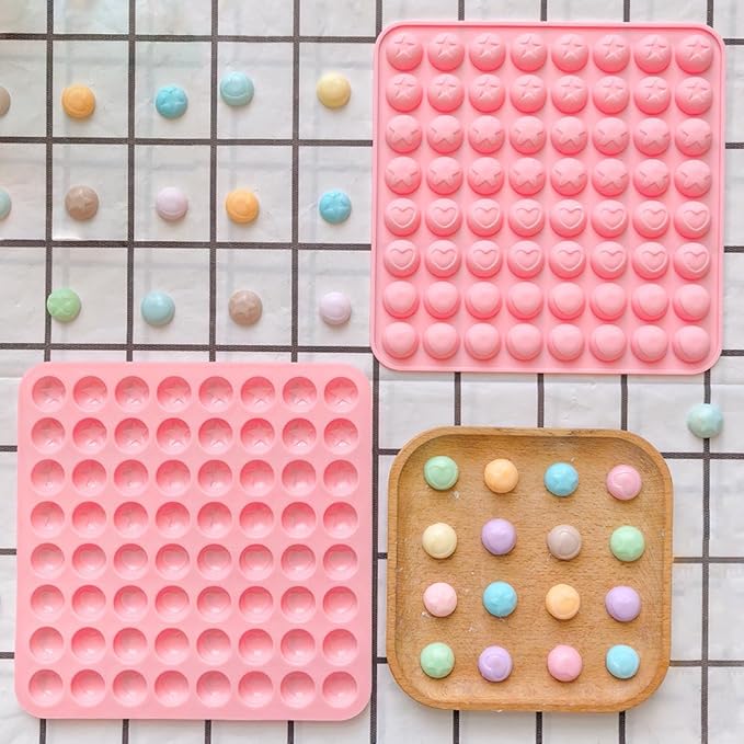 3Pcs Mini Round Silicone Mold,64 Holes Semicircle Mold With Pentagram Heart Pattern Design,Semi Sphere Shaped Mold For Small Half Ball Pellet Chocolate, Gummy Candy, Wax Melts Beads, Ice Balls,Biscuit
