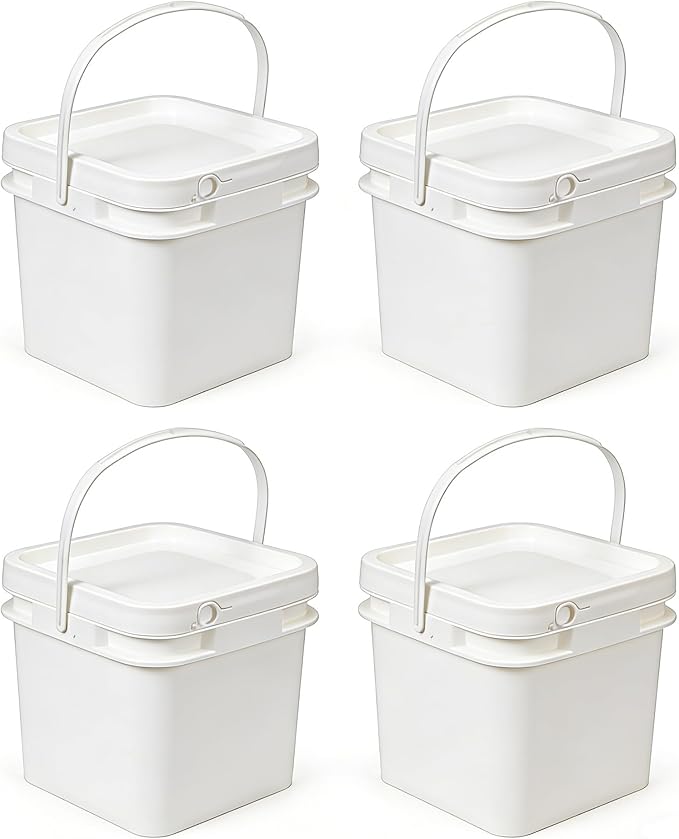 Food Storage Buckets with Lids - 4 Set Square Clear Plastic Containers, Airtight Pressure Seal & Handle for Kitchen Freezer Prep (White, 68 oz)