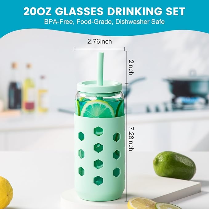 Mrsdry Glass Cups with Lids and Straws (4 Pcs), 20oz Drinking Glasses Set with Silicone Sleeves for Coffee Bar Accessories Iced Coffee Cups with Lids, Glass Tumbler Reusable for Gifts