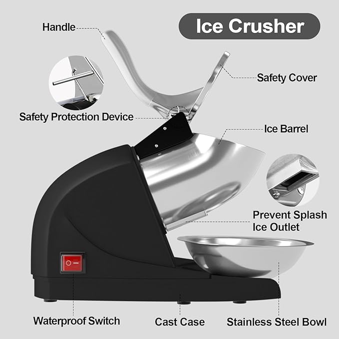 Shaved Ice Machine 380w Snow Cone Machine 3 Stainless Steel Blades Ice Shaver Machine Electric Ice Crusher 280lbs/hr Snow Cone Maker for Home and Commercial with Ice Pick(Black)