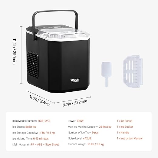 VEVOR Countertop Ice Maker, 9 Cubes Ready in 6 Mins, 26lbs in 24Hrs, Self-Cleaning Portable Ice Maker with Ice Scoop and Basket, Ice Machine with 2 Sizes Bullet Ice for Home Kitchen Office Bar Party